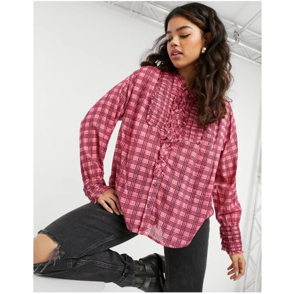 Free People Miles Check Shirt in Pink Multi, Size S